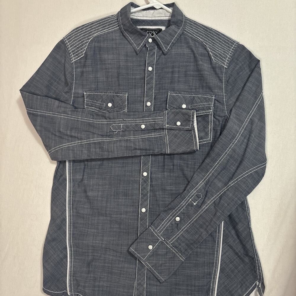 Buckle Black Shirt Men Med Blue Pearl Snap Embroidered Western Cowboy Country
